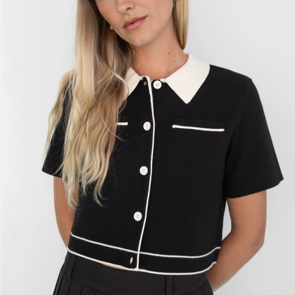 Oak + Fort Cropped Knit Contrast Trim Top